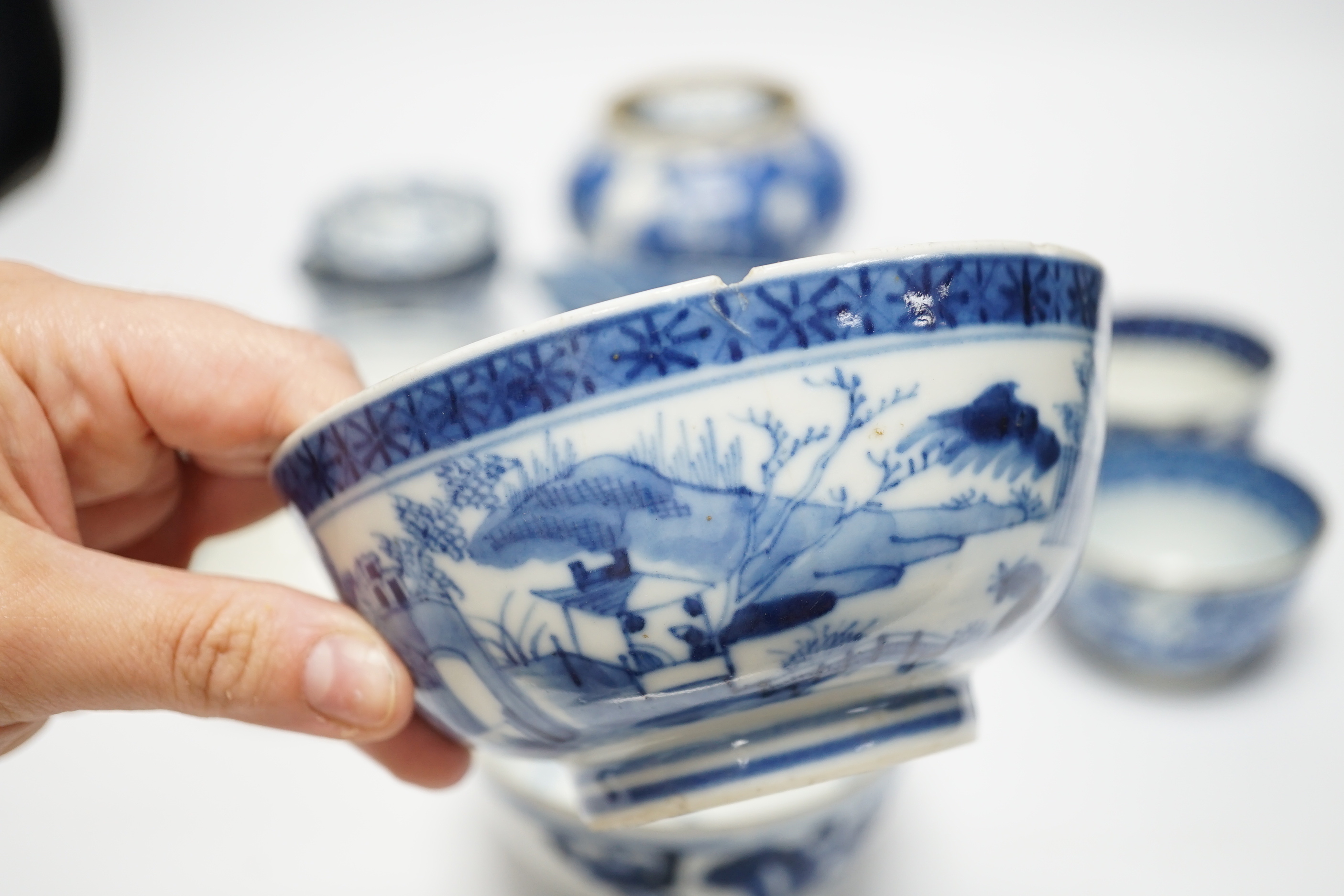 A group of Chinese blue and white tea bowls etc, 19th century and later (12)